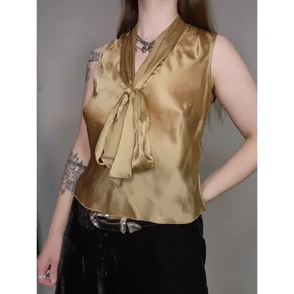 Y2k The Limited Gold Shimmery V-Neck Tie Front Poet Silk Croquette Tank Top Sz S - Picture 3 of 8